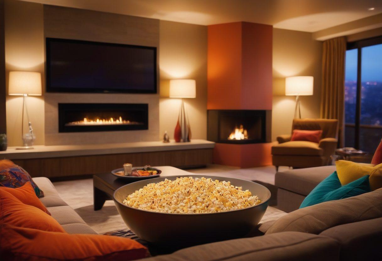 A cozy living room setup with a plush couch, a large flat-screen TV displaying vibrant video content, and a glowing fireplace. Include a bowl of popcorn and colorful cushions scattered around. Add soft lighting to evoke a warm, inviting atmosphere, with subtle hints of various streaming icons blending into the background. super-realistic. vibrant colors. cozy atmosphere.
