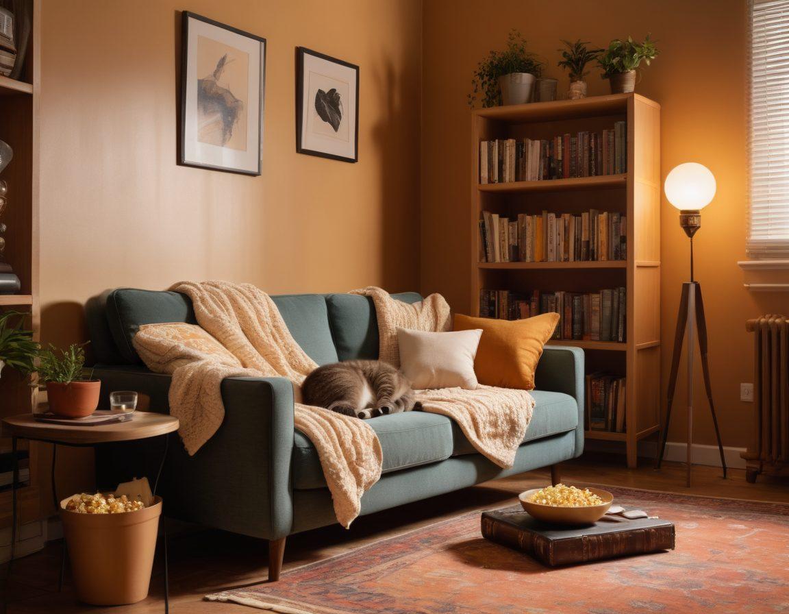 A cozy living room with a plush sofa and soft blankets, illuminated by warm, ambient lighting. A vintage projector is displaying vibrant, colorful films on a blank wall, surrounded by popcorn and drinks. Include an inviting bookshelf filled with DVDs and a cat curled up in the corner. The atmosphere exudes comfort and excitement for binge-watching. super-realistic. warm colors. inviting atmosphere.