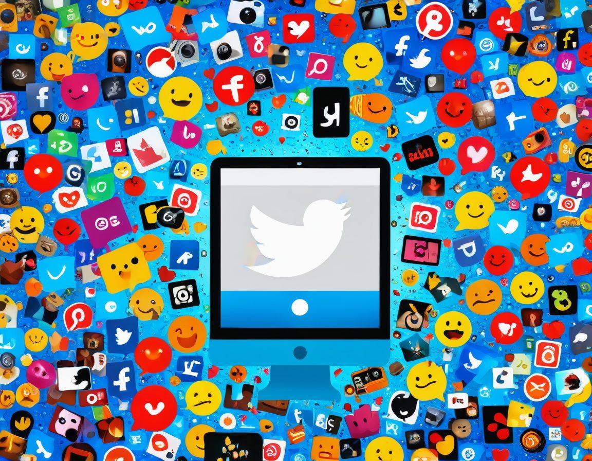 A vibrant collage showcasing various digital content elements like cheerful video clips, viral memes, and icons of social media platforms. Incorporate bright colors and dynamic movement to express excitement and engagement, with a backdrop of computer screens and smartphones showing trending content. Add playful elements like animated stickers or emojis to represent fun and creativity in digital sharing. super-realistic. vibrant colors. 3D.